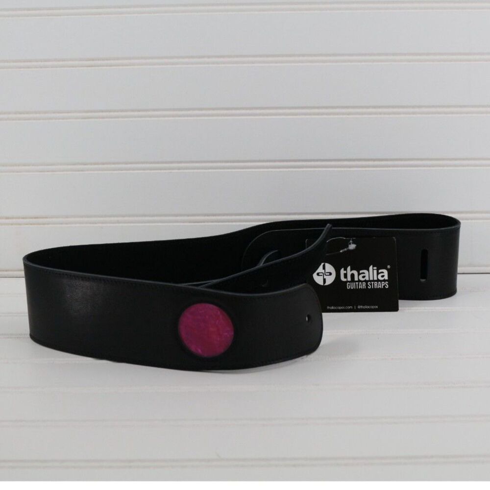 Thalia Shell Inlay Pink Angel Wing Italian Leather Guitar Strap Black Standard